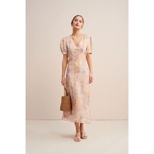 Rouje Linette Dress in Peach FR34 (XS) Pastel Pink Cream Blue Satin Maxi French